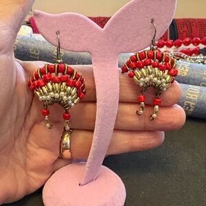 Handcrafted Red Beaded Dangle Earrings - Resembles Native Art Style Headdress
